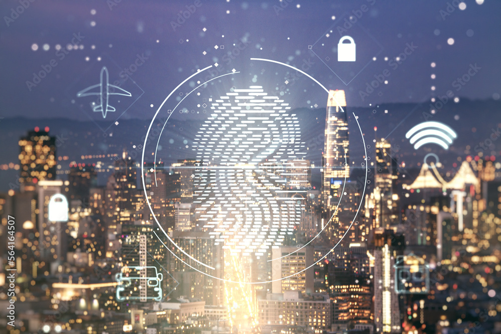 Poster Multi exposure of virtual fingerprint scan interface on San Francisco office buildings background, digital access concept