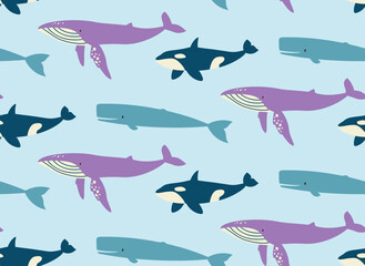 Seamless patterns with whales. Beautiful underwater world texture in flat style.