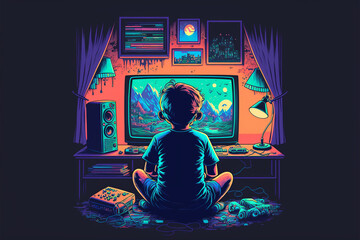 Obraz na płótnie Canvas Young boy playing video games in his bedroom created with generative AI