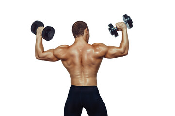 Fototapeta na wymiar Back view of athletic muscular man doing exercises with dumbbells isolated on white background