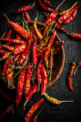 A full plate of dried chili peppers. 