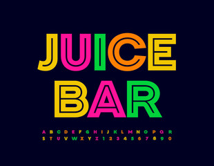 Vector bright emblem Juice Bar. Trendy creative Font. Colorful set of Alphabet Letters and Numbers