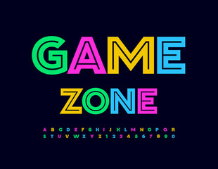 Vector colorful emblem Game Zone with bright funny Font. Trendy Alphabet Letters, Numbers and Symbols set