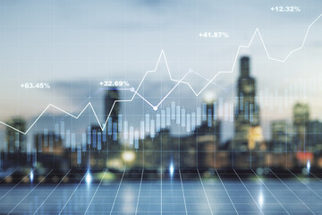 Double exposure of virtual creative financial diagram on blurry office buildings background, banking and accounting concept