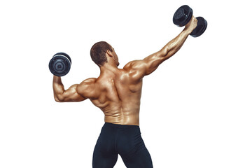 Back view of athletic muscular man who doing exercises with dumbbells on white background