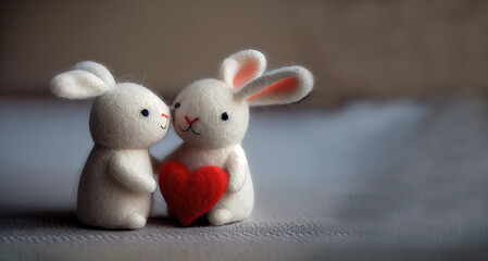 Fototapeta premium Two rabbits in love with red heart, felted, sitting together on Valentine's day. With background isolated. Copy space. Generative AI