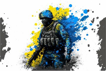 Vector illustrations of Ukrainian soldier flag splash colors blue and yellow ,isolated on white background Generative AI