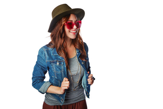 Sunglasses, happy and girl fashion with cool, gen z and youth style of people with smile in studio. Happiness, joy and young fashionista person on isolated white background for advertising mockup.