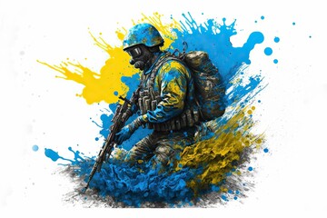 Vector illustrations of Ukrainian soldier flag splash colors blue and yellow ,isolated on white background Generative AI