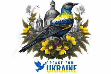 Vector illustrations Ukrainian St. Sophia Cathedral flag colors blue and yellow of flower, plant, leaves,birds isolated on white background Generative AI