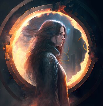 Long haired girl in front of a portal