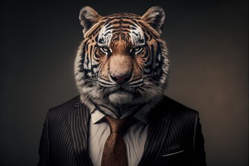 Portrait of a Tiger dressed in an elegant business suit, generative ai