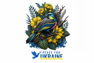Vector illustrations Ukrainian flag colors blue and yellow of flower, plant, leaves,birds isolated on white background Generative AI