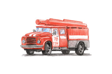 Soviet red fire truck of the 80s with a ladder. Vector illustration on a white background. Drawing with colored pencils.