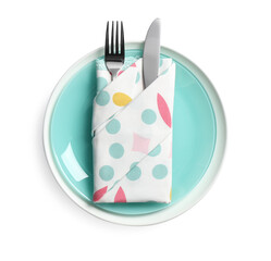 Beautiful table setting on white background, top view