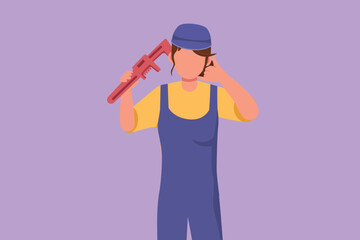 Graphic flat design drawing female plumber holding wrench and wearing helmet with call me gesture, ready to work on repairing leaking drain in sink and houses drains. Cartoon style vector illustration