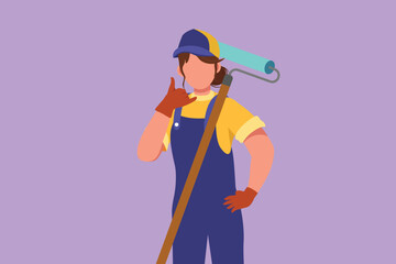 Cartoon flat style drawing active handywoman holding long paintbrush roll with call me gesture is ready to work on painting wall and repairing damaged part of house. Graphic design vector illustration