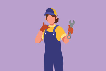 Cartoon flat style drawing attractive female mechanic holding wrench with call me gesture and ready to perform maintenance on the vehicle engine or transportation. Graphic design vector illustration
