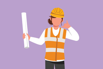 Character flat drawing female architect wearing vest and helmet with call me gesture, carrying blueprint paper for the building work plan. Builder on work at site. Cartoon design vector illustration