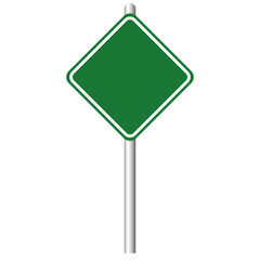 Blank diamond shaped green road sign on white background
