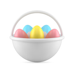 Fototapeta na wymiar White Easter basket with curved handle stuffed multicolored painted chicken eggs 3d icon vector