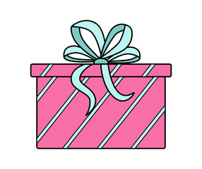 Gift box with bow. Vector illustration of colored icon of a festive present in a package. Isolated on white, box in wrapping paper.