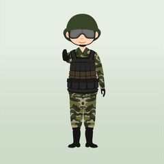 Army soldier, men , in camouflage combat uniform saluting. Cute flat cartoon style. Army or soldier character vector. Soldier keeps watch on guard. Rangers on border. 