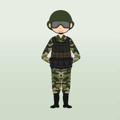 Army soldier, men , in camouflage combat uniform saluting. Cute flat cartoon style. Army or soldier character vector. Soldier keeps watch on guard. Rangers on border. 
