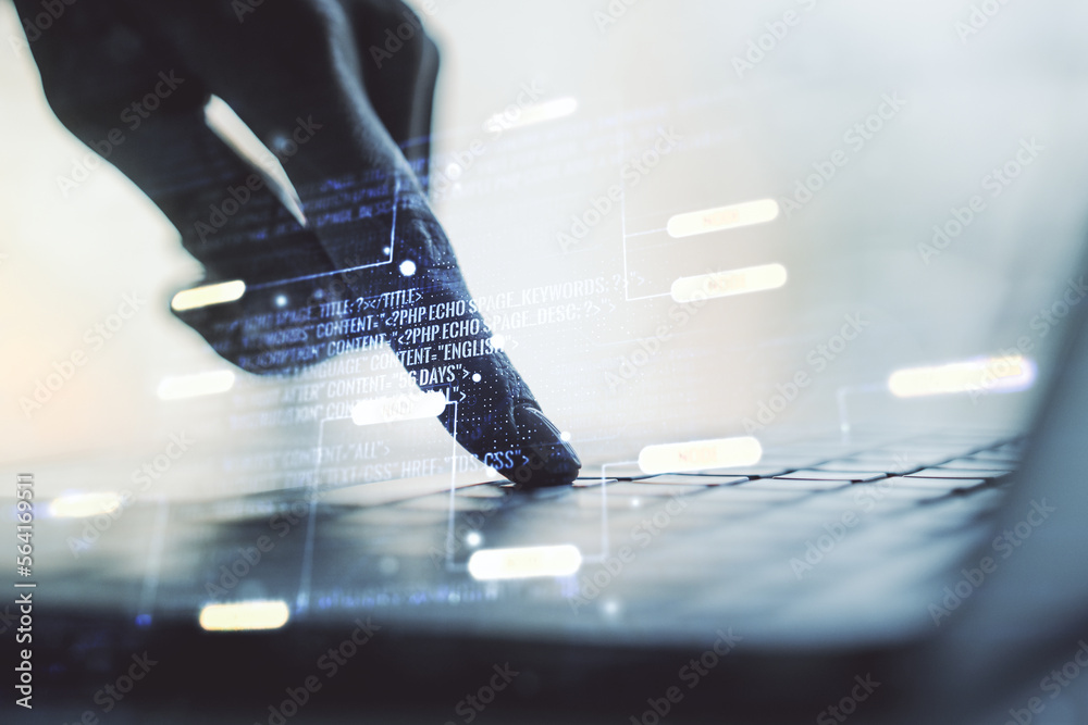 Aufkleber double exposure of abstract creative programming illustration and hands typing on laptop on backgrou