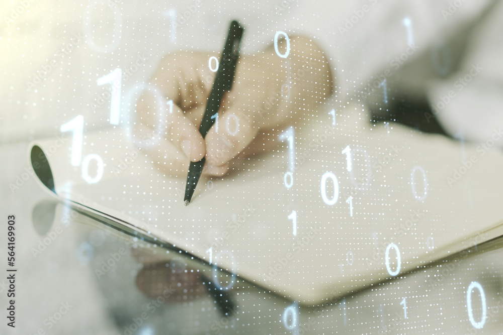 Leinwandbilder creative abstract binary code sketch and man hand writing in notepad on background, hacking and matr