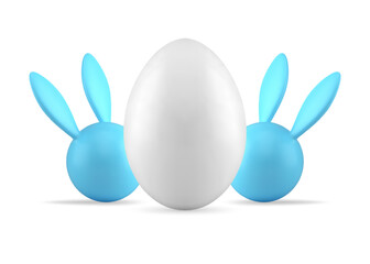 White chicken egg with two bunny abstract Easter composition 3d icon realistic vector illustration