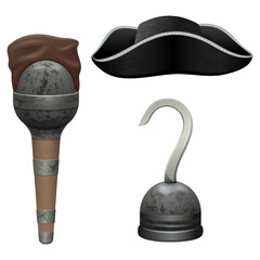 A cocked hat set, an element of clothing for pirates and sailors, a pirate leg crutch and a hook for a prosthesis - elements of a carnival pirate costume