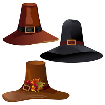 A set of hats of travelers pilgrims an element for the autumn holiday thanksgiving day, a masquerade, an element of a festival men's costume
