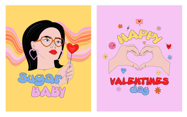 Retro nostalgic greeting cards for St. Valentines day. Romantic poster. Love you card in 70s, 80s, 90s style. Editable vector illustration.