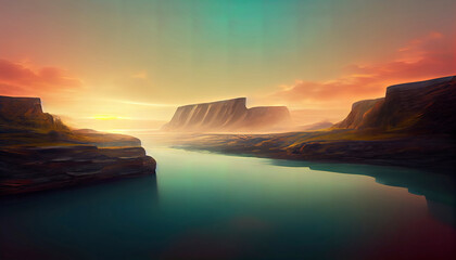 Fototapeta na wymiar render, futuristic landscape with cliffs and water