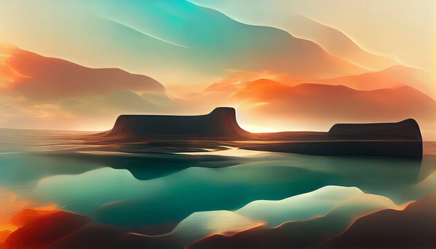 render, futuristic landscape with cliffs and water