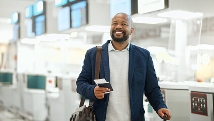 African businessman, ticket and luggage at airport with excited smile, focus and happy business trip. Corporate black man, passport or paperwork for international travel, immigration or air transport - obrazy, fototapety, plakaty