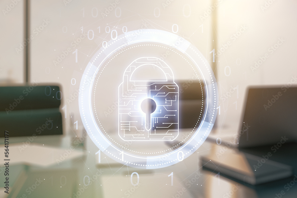 Poster Creative idea concept with lock symbol and microcircuit illustration and modern desktop with computer on background. Protection and firewall concept. Multiexposure