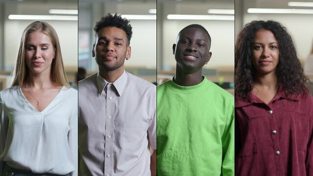 Split screen, portraits of office workers of different races and genders against the background of international office space, managers looks at the camera and smiles, multiscreen.