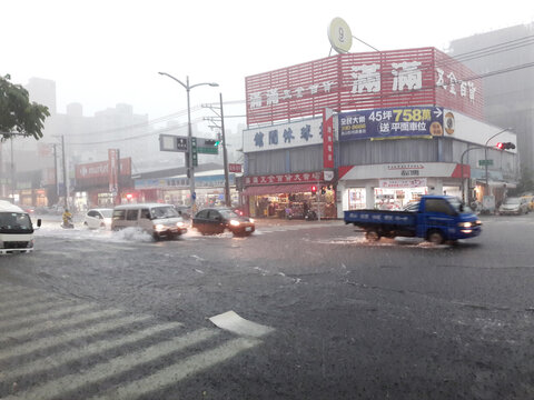 Kaohsiung, Taiwan. July 19, 2019: The city scene during heavy rains. Taiwan flood