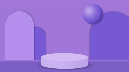 Purple podium background with big ball and curved wall. Vector illustration of 3D podium