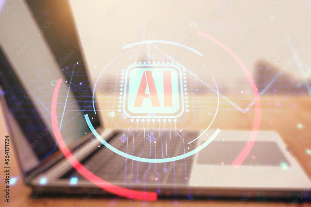 Aufkleber double exposure of creative artificial intelligence abbreviation with computer on background. future