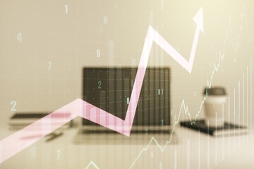 Multi exposure of abstract creative financial chart with upward arrow on laptop background, rise and breakthrough concept