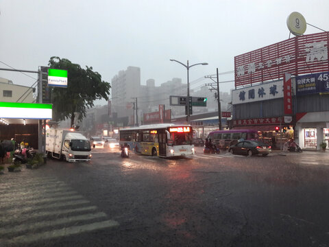 Kaohsiung, Taiwan. July 19, 2019: The city scene during heavy rains. Taiwan flood