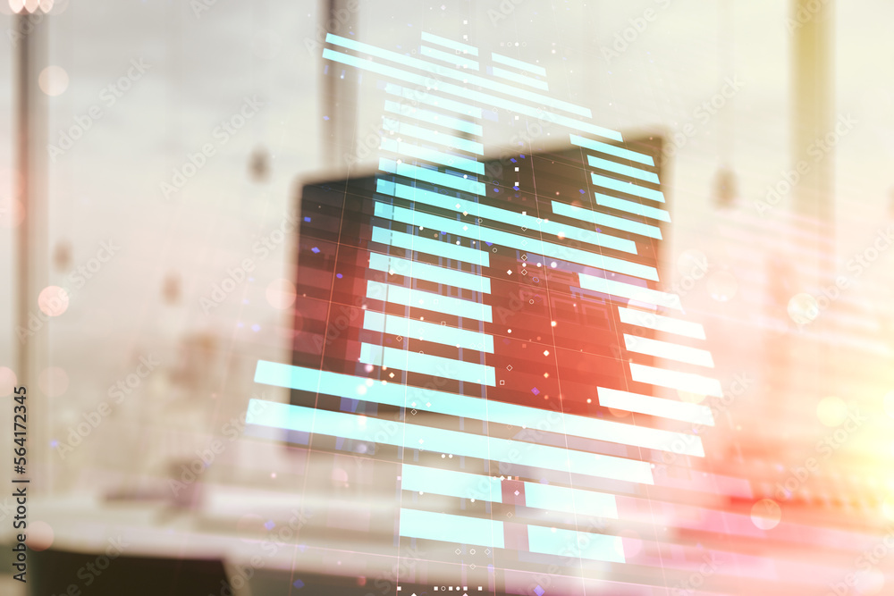 Poster Creative Bitcoin concept with modern computer background. Double exposure
