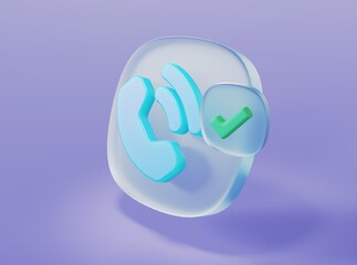 Phone icon with check mark in glassmorphism style on isolated background 3d rendering	