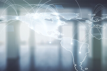 Double exposure of abstract digital world map hologram with connections on empty room interior background, big data and blockchain concept