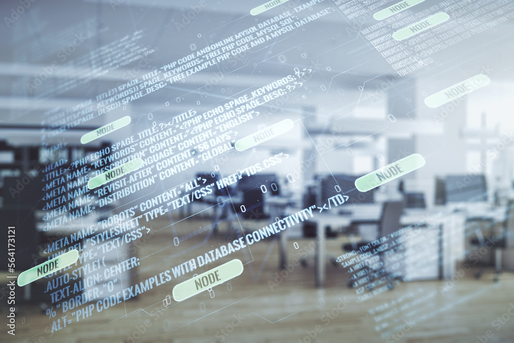 Fototapete Multi exposure of abstract programming language hologram on a modern furnished office interior background, artificial intelligence and machine learning concept
