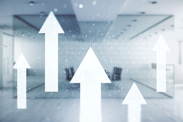 Double exposure of abstract virtual upward arrows hologram on modern corporate office background. Ambition and challenge concept