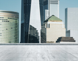 Empty concrete dirty rooftop on the background of a beautiful New York city skyline at daytime,...